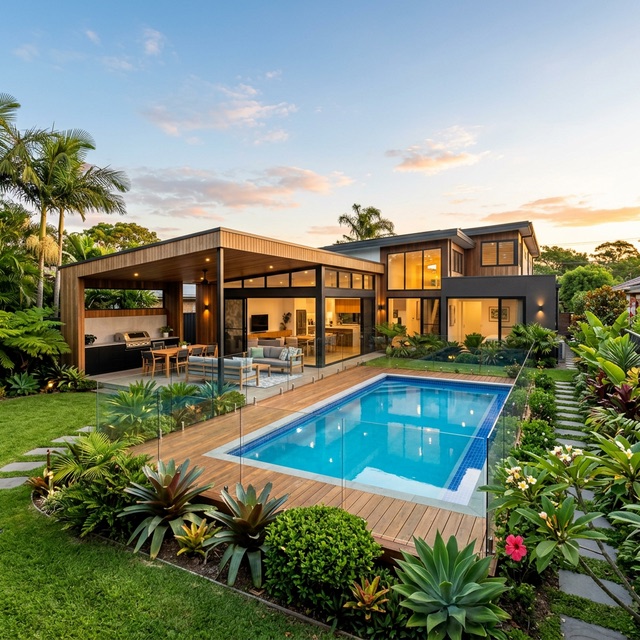 Modern Australian home with pool and lush garden at golden hour
